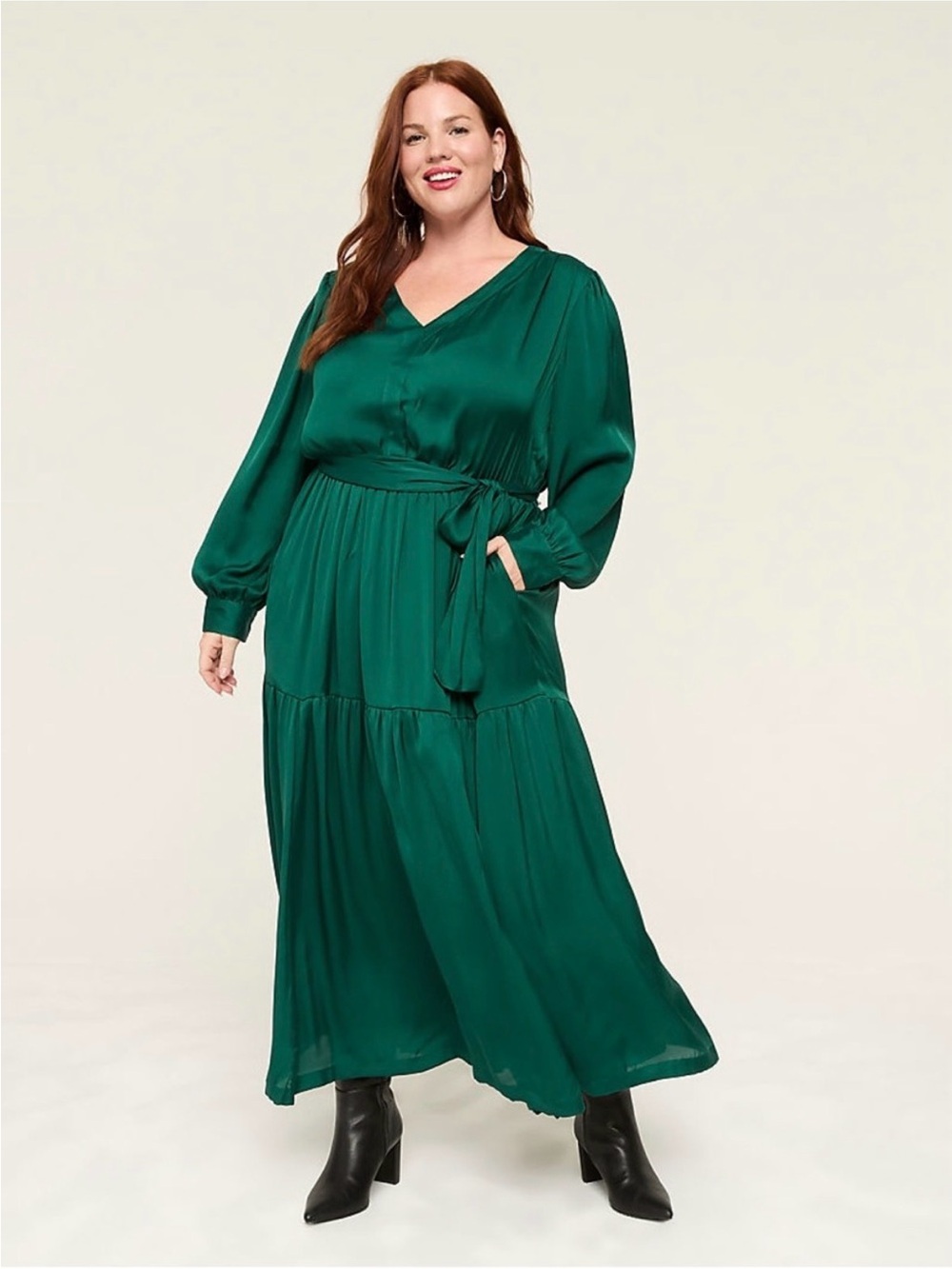 Lane Bryant Deep Green V-Neck Tie-Waist Maxi Dress